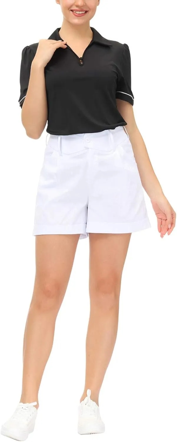 Belle Poque Women Summer Linen Shorts Elastic High Waisted Shorts with Pockets