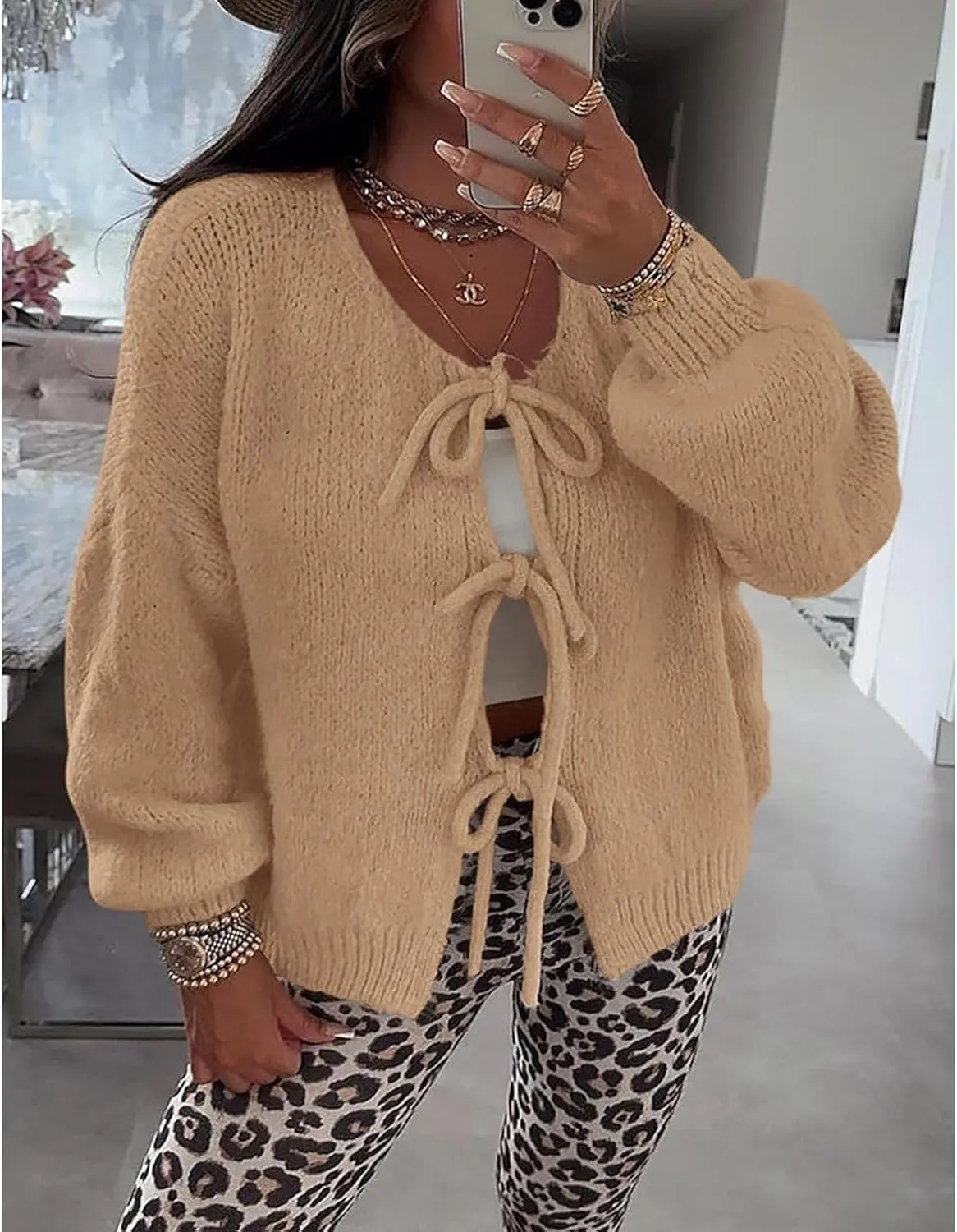 Blostirno Women's Front Tie Bow Cardigan Sweaters Knit Long Sleeve Cute Fall Winter Jacket Coats Y2K Knitwears Tops