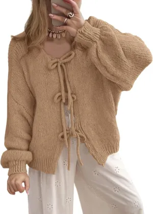 Blostirno Women's Front Tie Bow Cardigan Sweaters Knit Long Sleeve Cute Fall Winter Jacket Coats Y2K Knitwears Tops