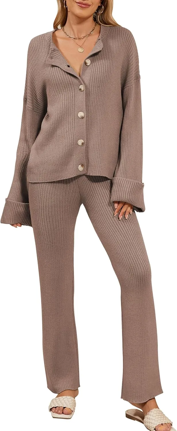 Cakulo Womens 2 Piece Outfits 2024 Lounge Sets Button Cardigan Knit Sweater Pants Loungewear Matching Set