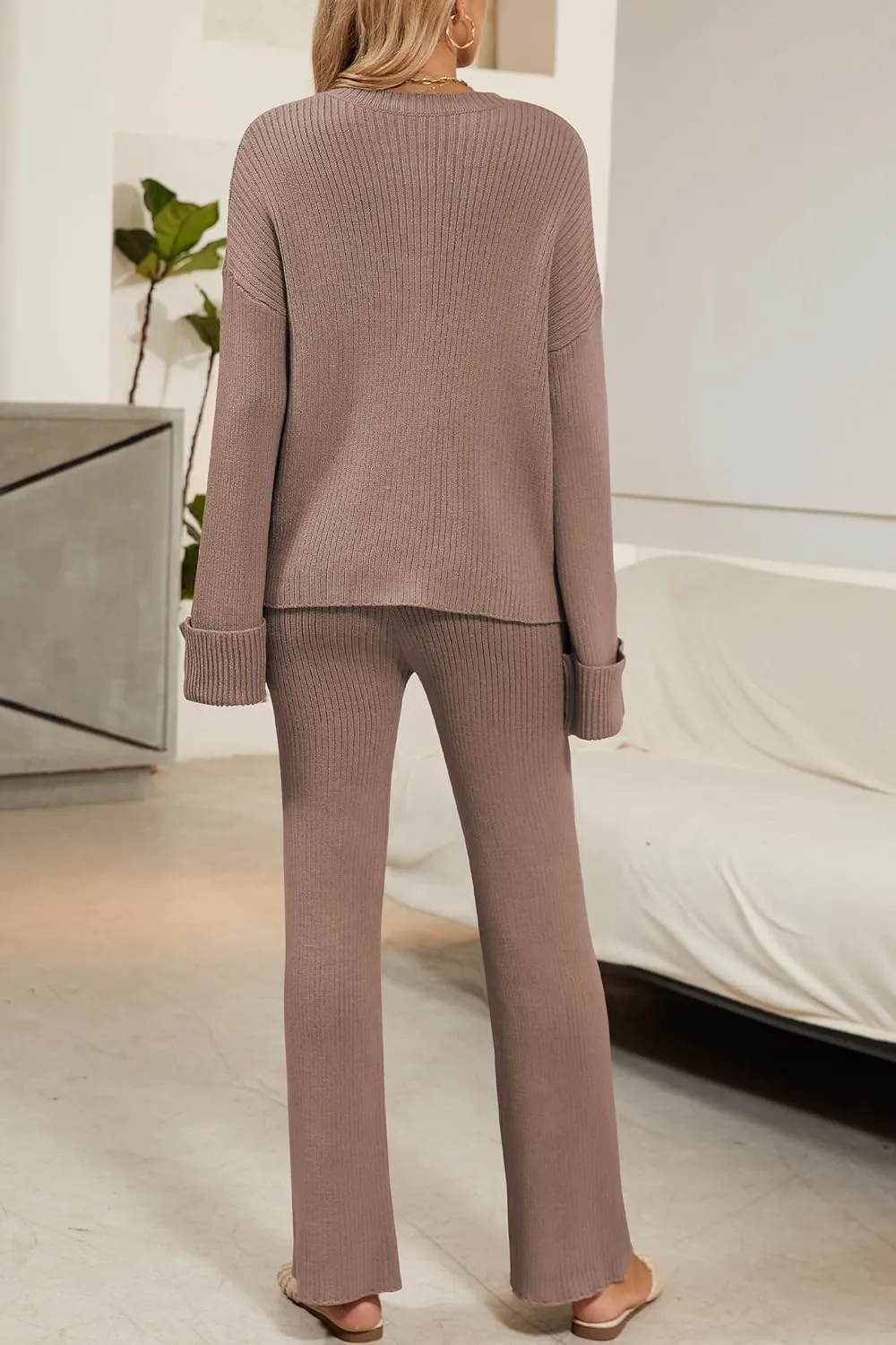 Cakulo Womens 2 Piece Outfits 2024 Lounge Sets Button Cardigan Knit Sweater Pants Loungewear Matching Set