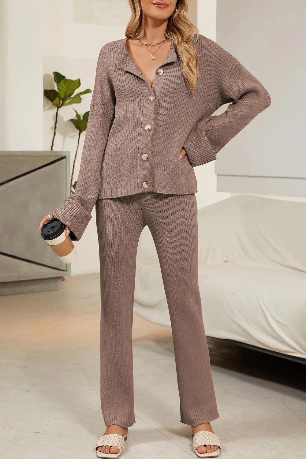 Cakulo Womens 2 Piece Outfits 2024 Lounge Sets Button Cardigan Knit Sweater Pants Loungewear Matching Set