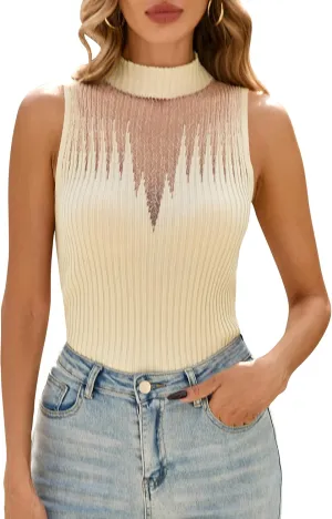 Cakulo Womens Summer Sleeveless Ribbed Tank Tops Sweater Vest 2025 Mock Neck Basic Sheer Knit Top Fitted Shirts