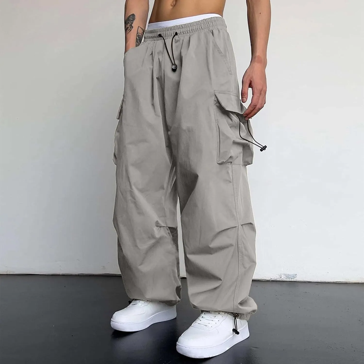Cargo Pant for Men Casual Work Pant Elastic Waist Drawstring Cotton Track Pants with Multiple Pockets