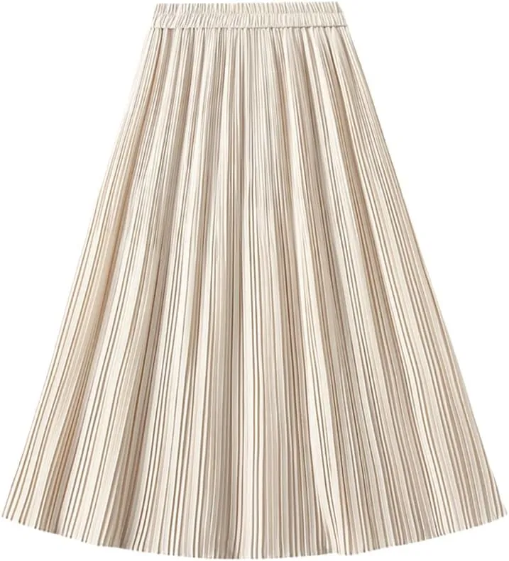 Casual Midi Pleated Skirt Women Autumn Winter Spring High Waist A-Line Skirts