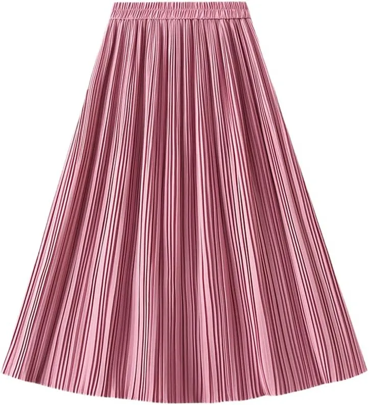 Casual Midi Pleated Skirt Women Autumn Winter Spring High Waist A-Line Skirts
