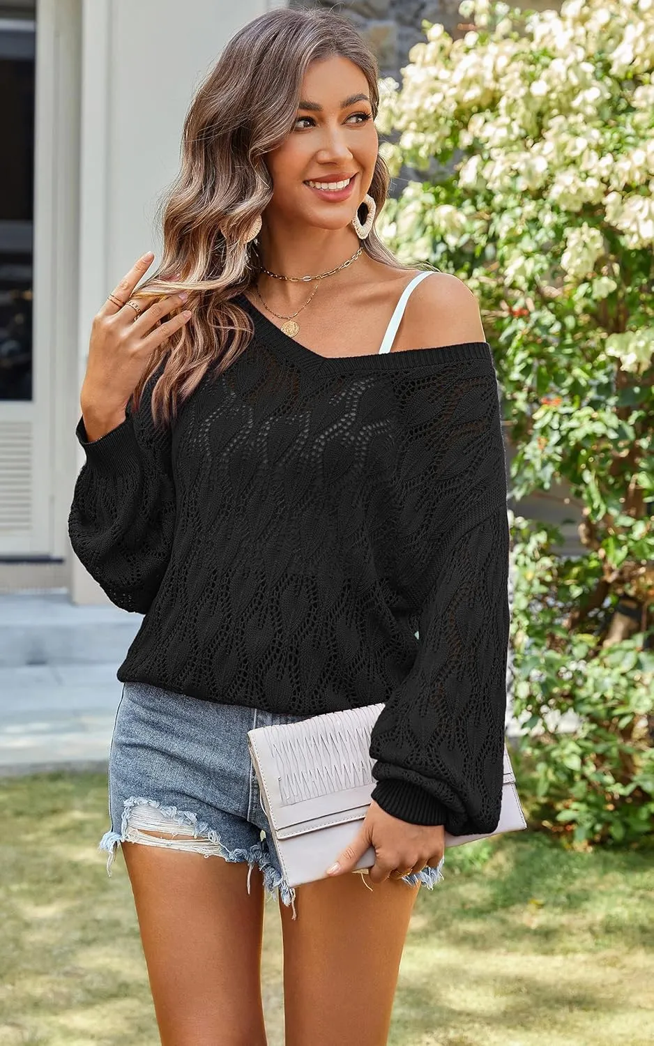 CCTOO Women's Sweaters Casual Oversized V Neck Off Shoulder Sexy Crochet Sweater Batwing Sleeve Pullover Loose Tops