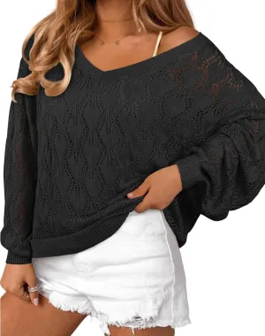 CCTOO Women's Sweaters Casual Oversized V Neck Off Shoulder Sexy Crochet Sweater Batwing Sleeve Pullover Loose Tops
