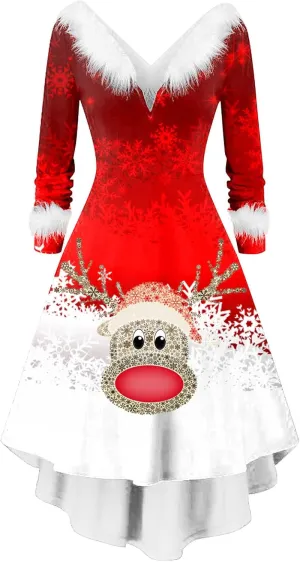 Christmas Dress for Women Elegant Vintage Long Sleeve V-Neck Off Shoulder Asymmetrical Retro Tunic A Line Dress