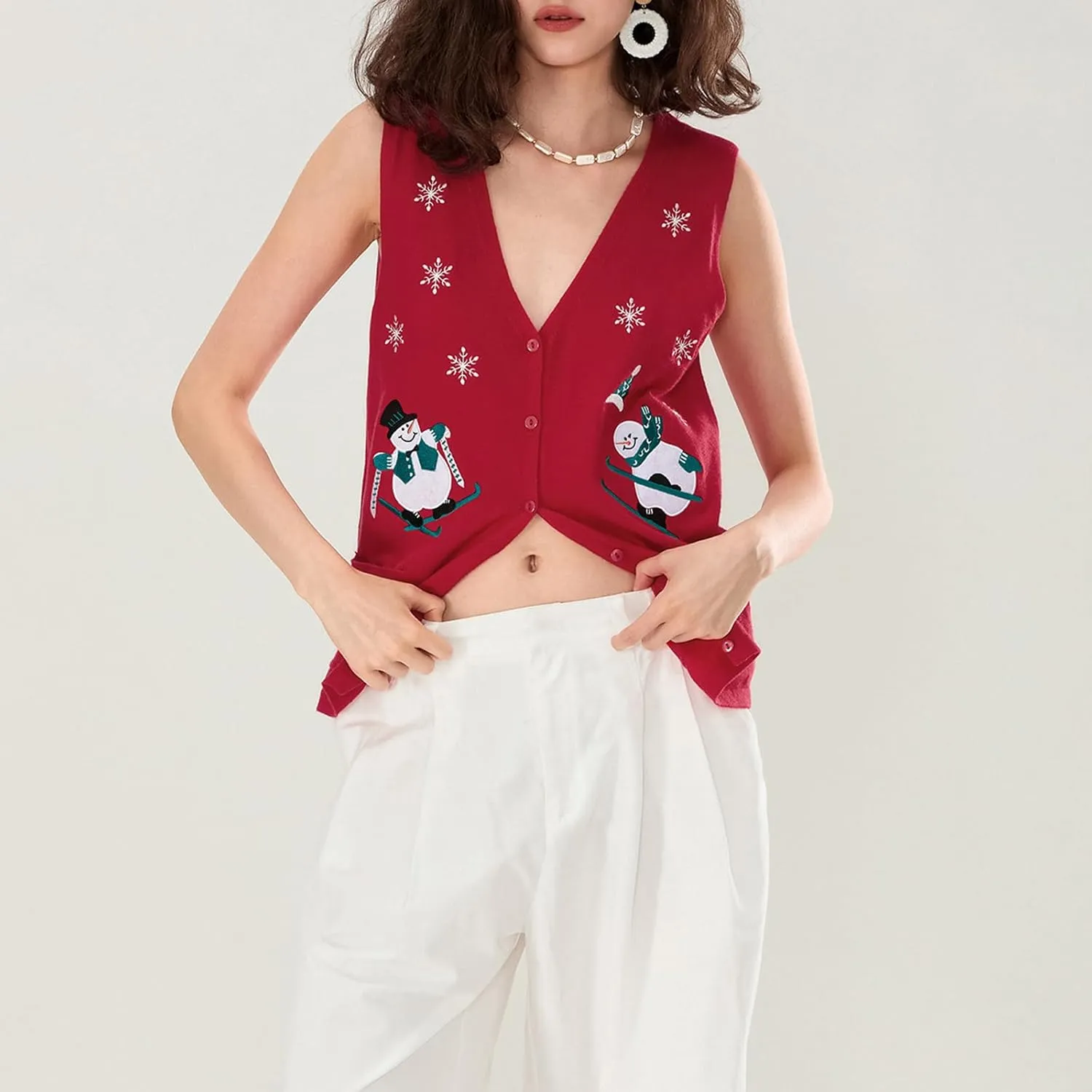 Christmas Vest for Women Reindeer Santa Snowman Embroidery Sweater Sleeveless Ugly Xmas Knit Tank Top