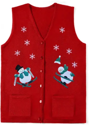 Christmas Vest for Women Reindeer Santa Snowman Embroidery Sweater Sleeveless Ugly Xmas Knit Tank Top