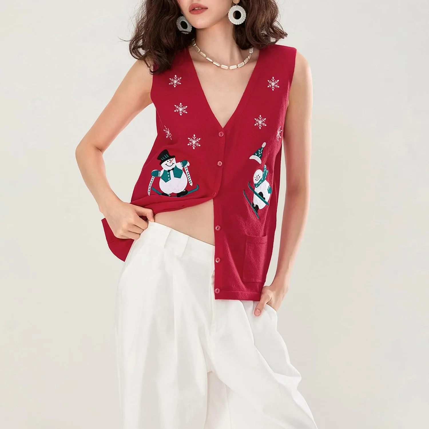 Christmas Vest for Women Reindeer Santa Snowman Embroidery Sweater Sleeveless Ugly Xmas Knit Tank Top