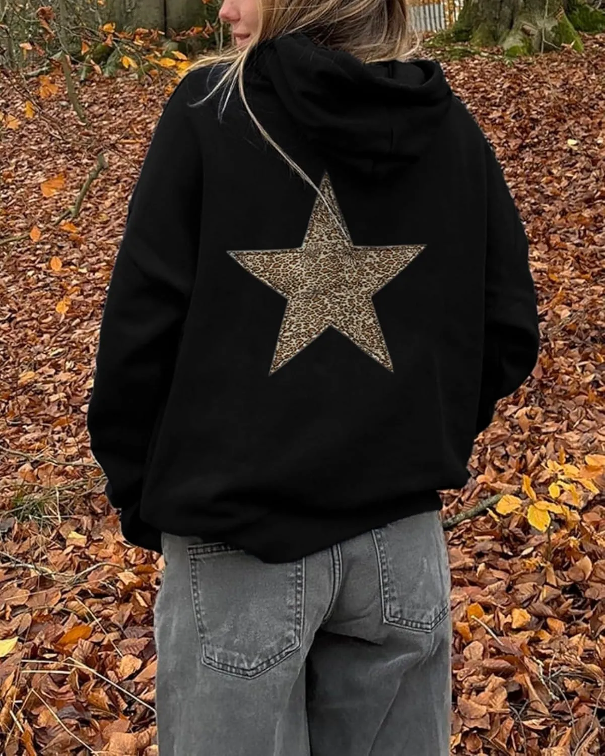 Cioatin Women Oversized Leopard Star Graphic Hoodies Men Cute Y2K Aesthetic Fleece Long Sleeve Pullover Sweatshirt Girls