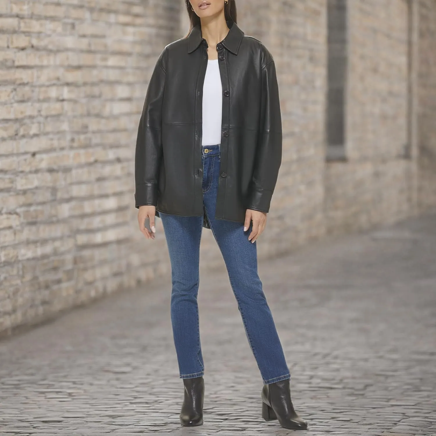 Cole Haan Women's Shirt Collar Button Up Leather Coat