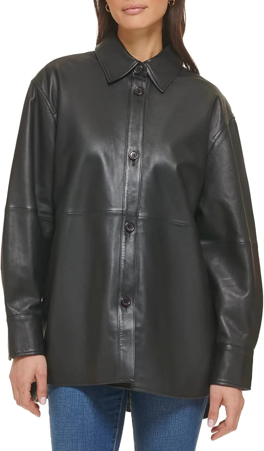 Cole Haan Women's Shirt Collar Button Up Leather Coat