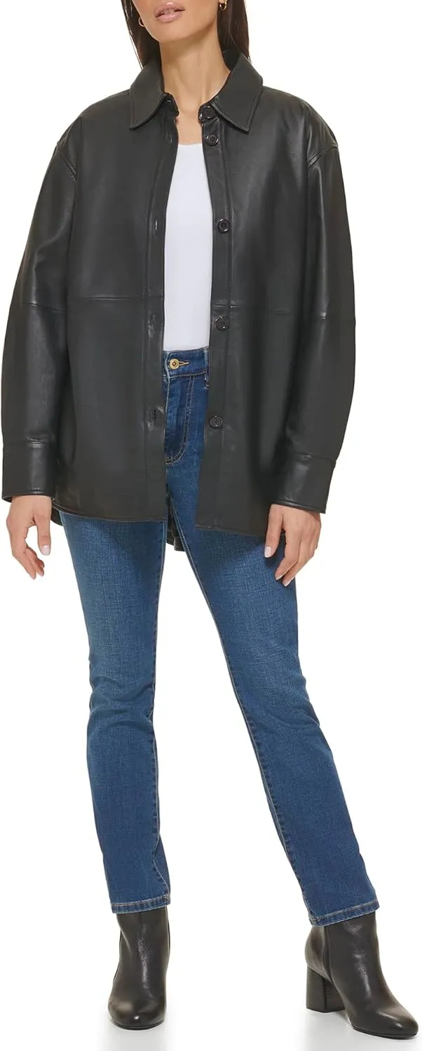 Cole Haan Women's Shirt Collar Button Up Leather Coat