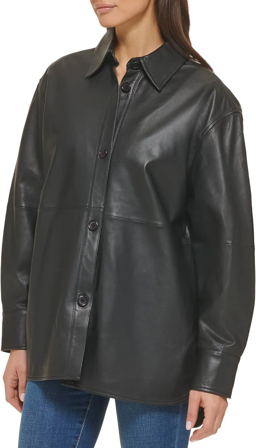 Cole Haan Women's Shirt Collar Button Up Leather Coat