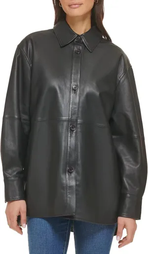 Cole Haan Women's Shirt Collar Button Up Leather Coat