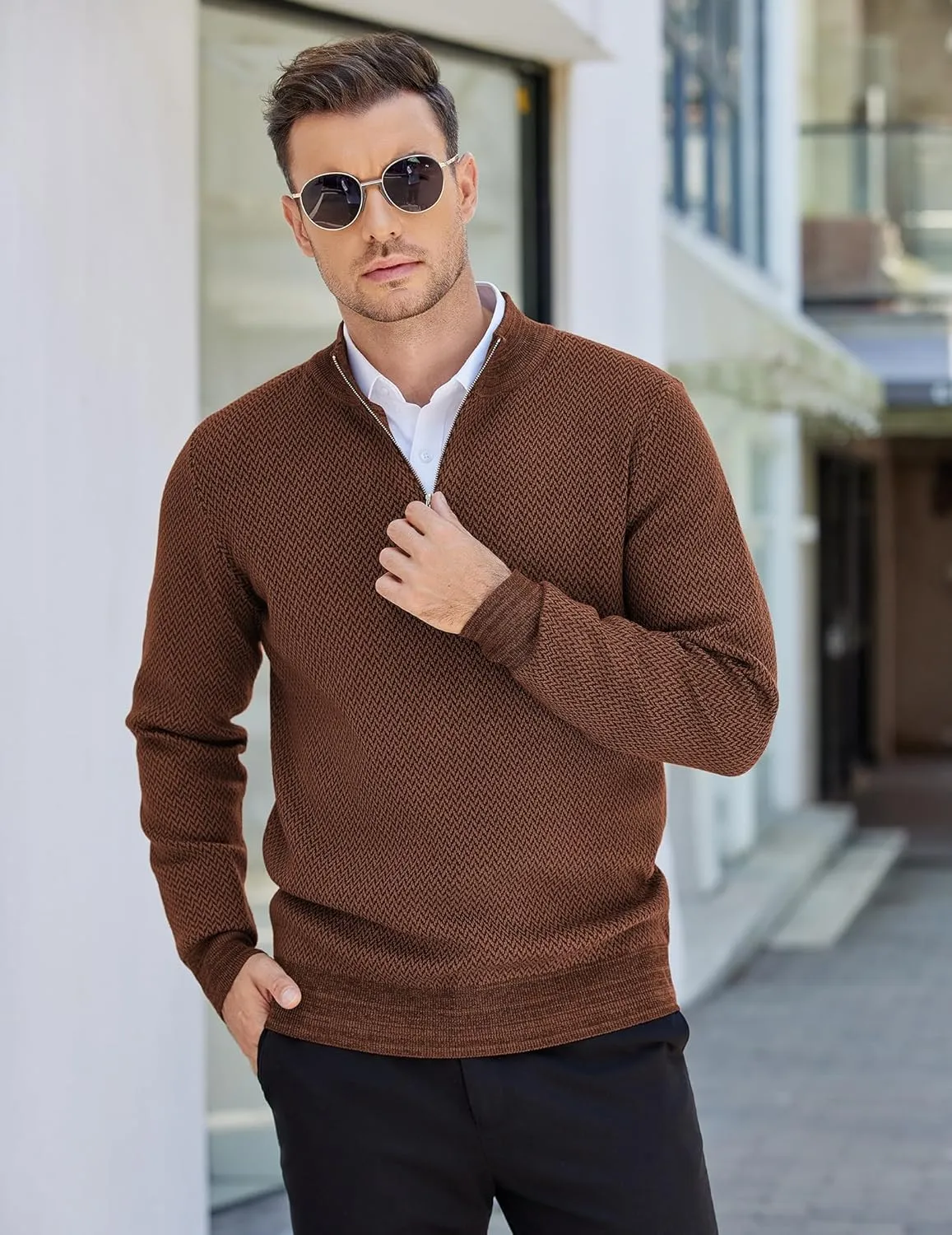 COOFANDY Mens Quarter Zip Pullover Slim Fit Lightweight Knit Pullover Sweaters Casual Polo Sweater
