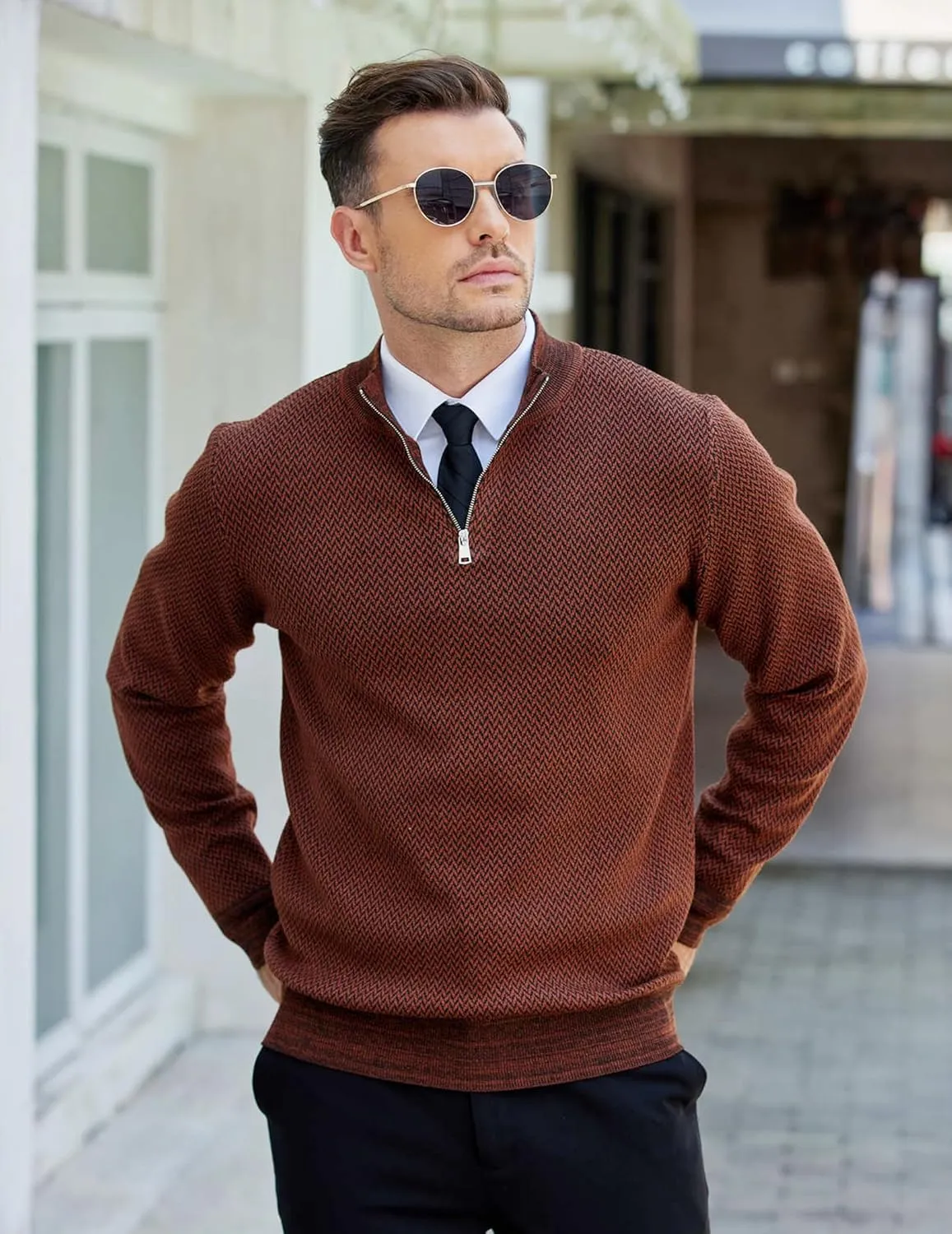 COOFANDY Mens Quarter Zip Pullover Slim Fit Lightweight Knit Pullover Sweaters Casual Polo Sweater