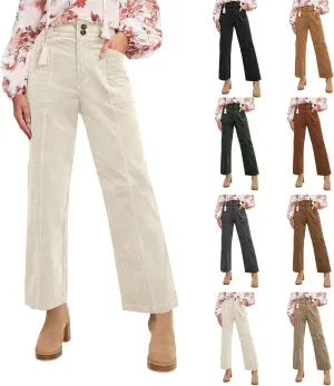 Corduroy Pants Women Straight Leg Elastic Waist Work Pants Casual Loose Ankle Jeans Vintage Teacher Pants with Pockets