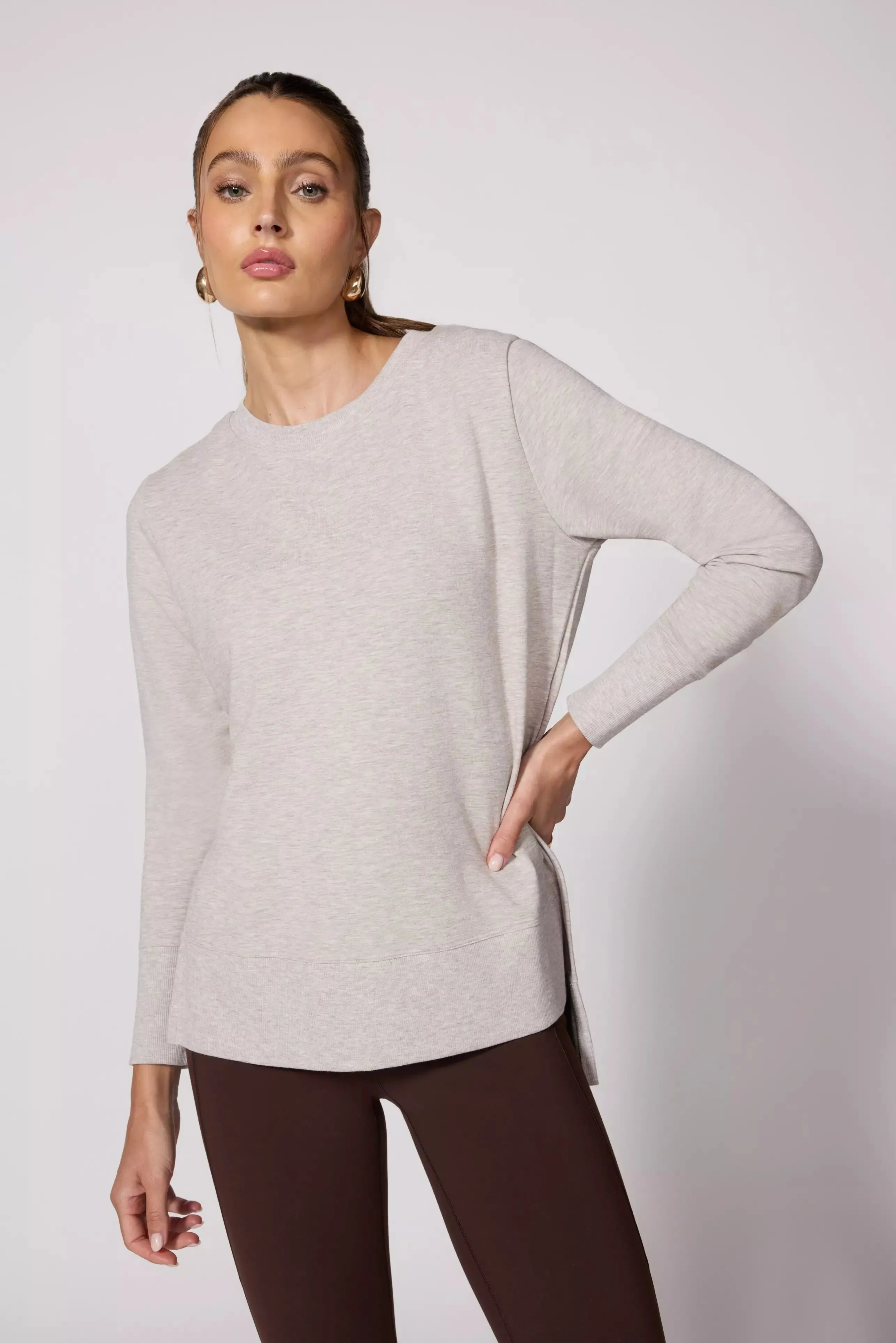 Cozy Fleece Side Slit Pullover - Htr Oatmeal
