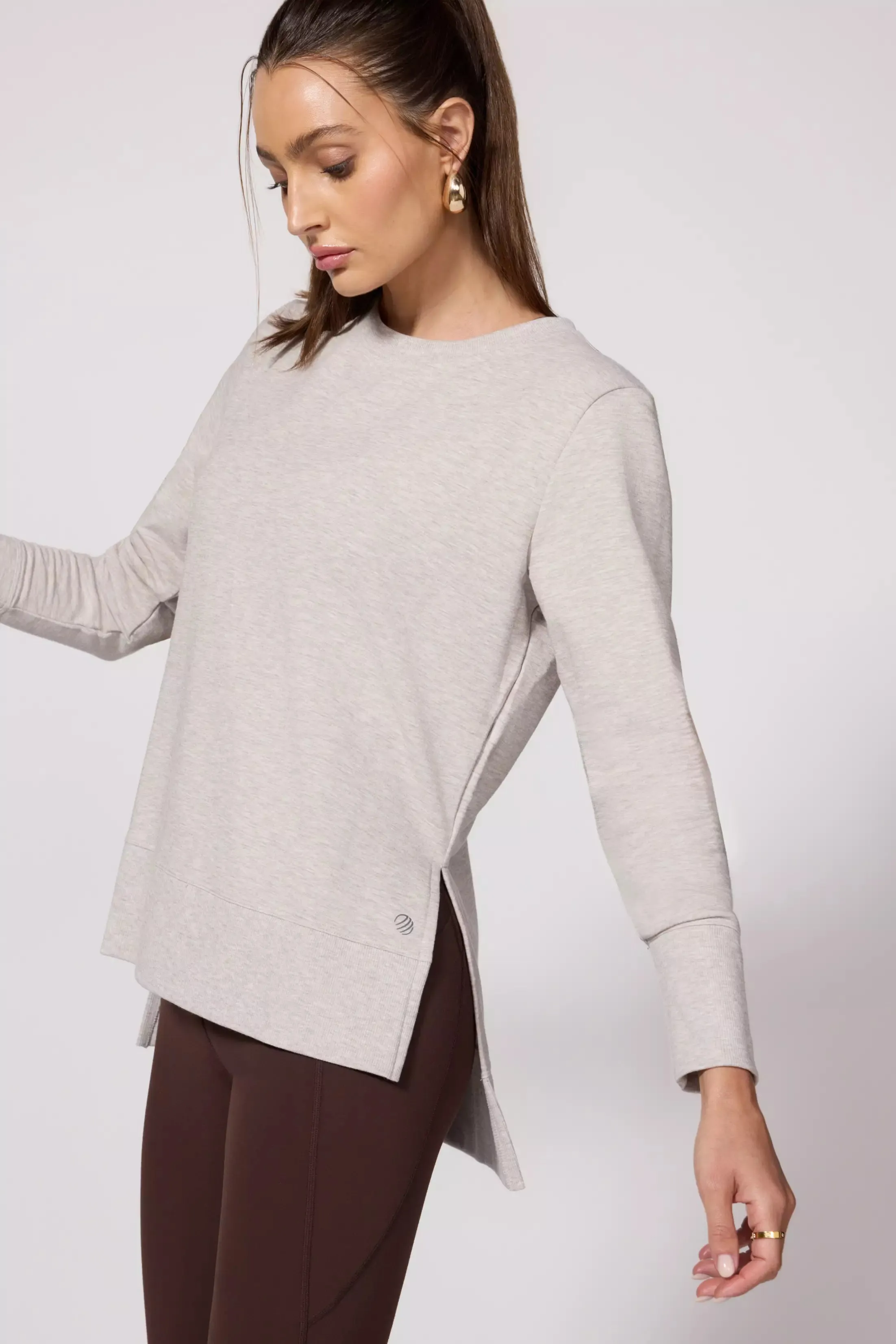 Cozy Fleece Side Slit Pullover - Htr Oatmeal