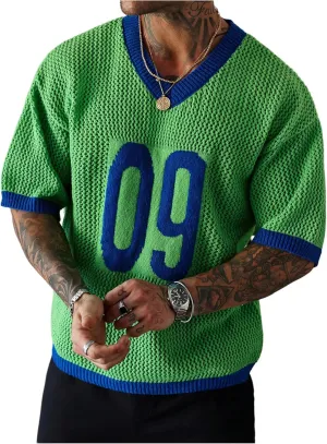 COZYEASE Men's Crochet Knit Short Sleeve Sweater Number Graphic V Neck Pullover Sweaters