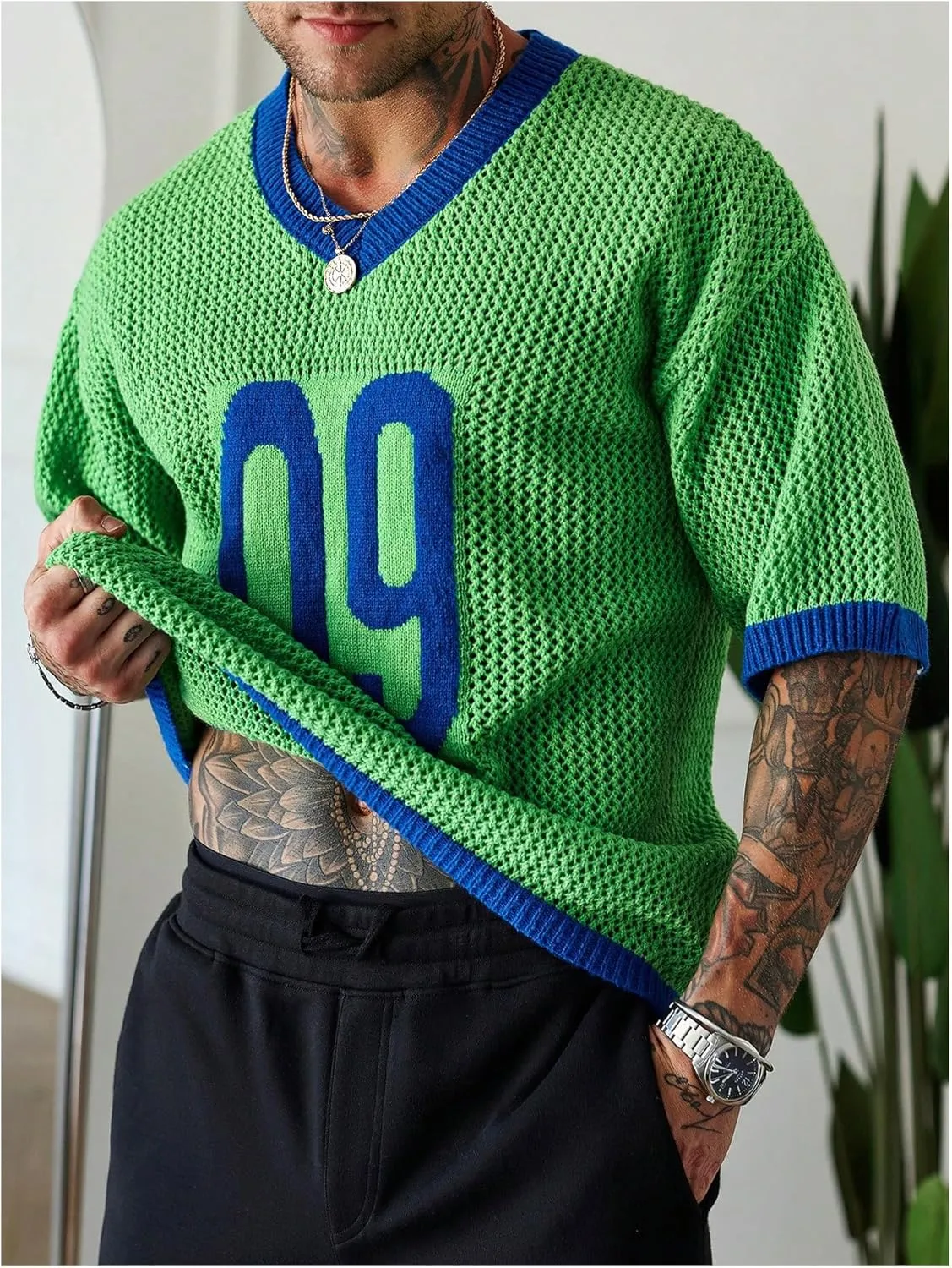COZYEASE Men's Crochet Knit Short Sleeve Sweater Number Graphic V Neck Pullover Sweaters