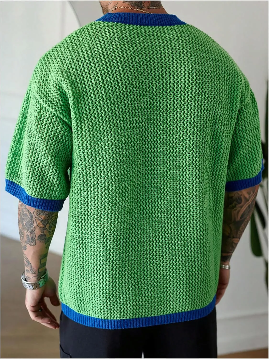 COZYEASE Men's Crochet Knit Short Sleeve Sweater Number Graphic V Neck Pullover Sweaters