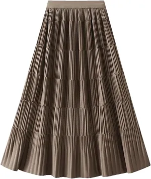 DBFBDTU Women Elastic Waist Solid Color Skirts Casual Pleated Warm A-Line Midi Skirt