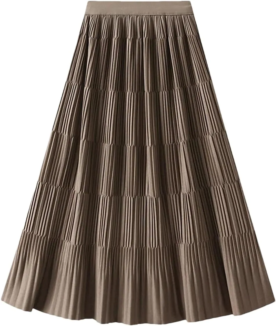 DBFBDTU Women Elastic Waist Solid Color Skirts Casual Pleated Warm A-Line Midi Skirt