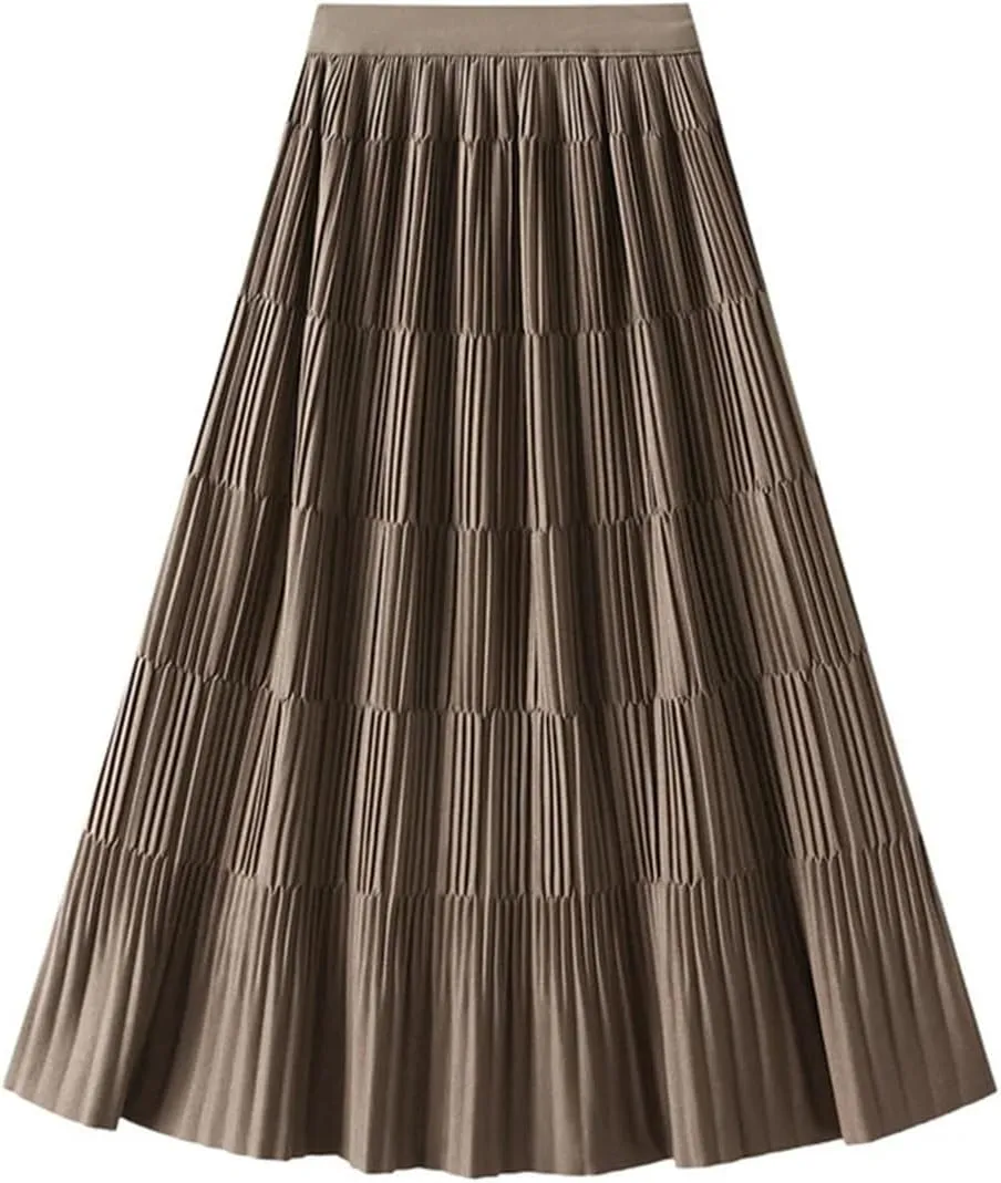 DBFBDTU Women Elastic Waist Solid Color Skirts Casual Pleated Warm A-Line Midi Skirt