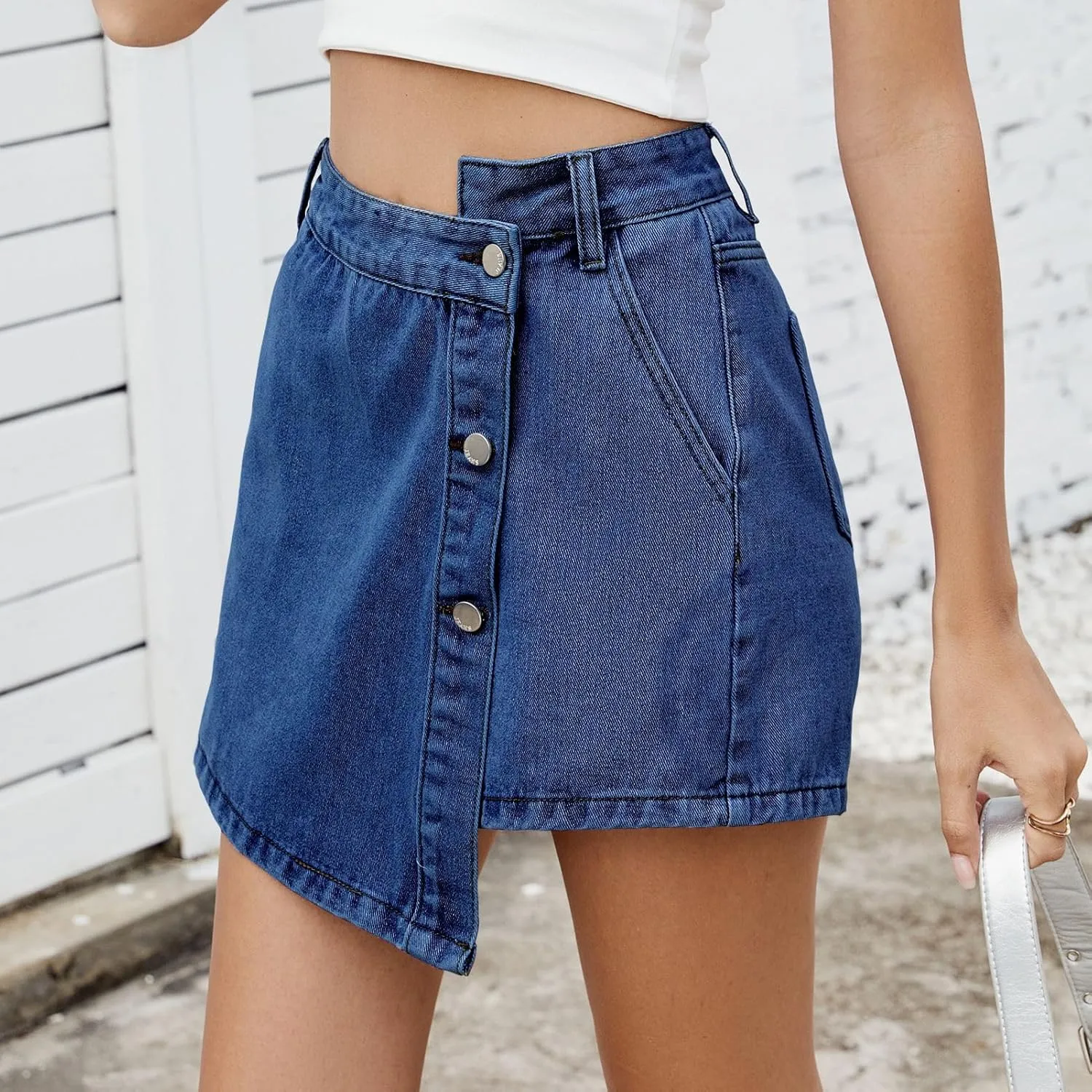 Denim Shorts Women Skort 2025 Jean Skirt Casual High Waisted Button Up Asymmetrical Skirt Mini Shorts.