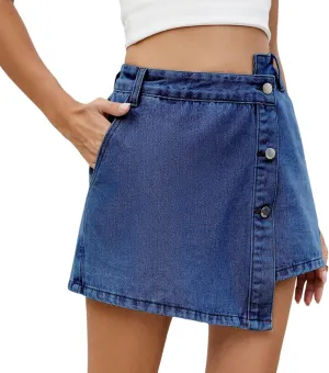 Denim Shorts Women Skort 2025 Jean Skirt Casual High Waisted Button Up Asymmetrical Skirt Mini Shorts.