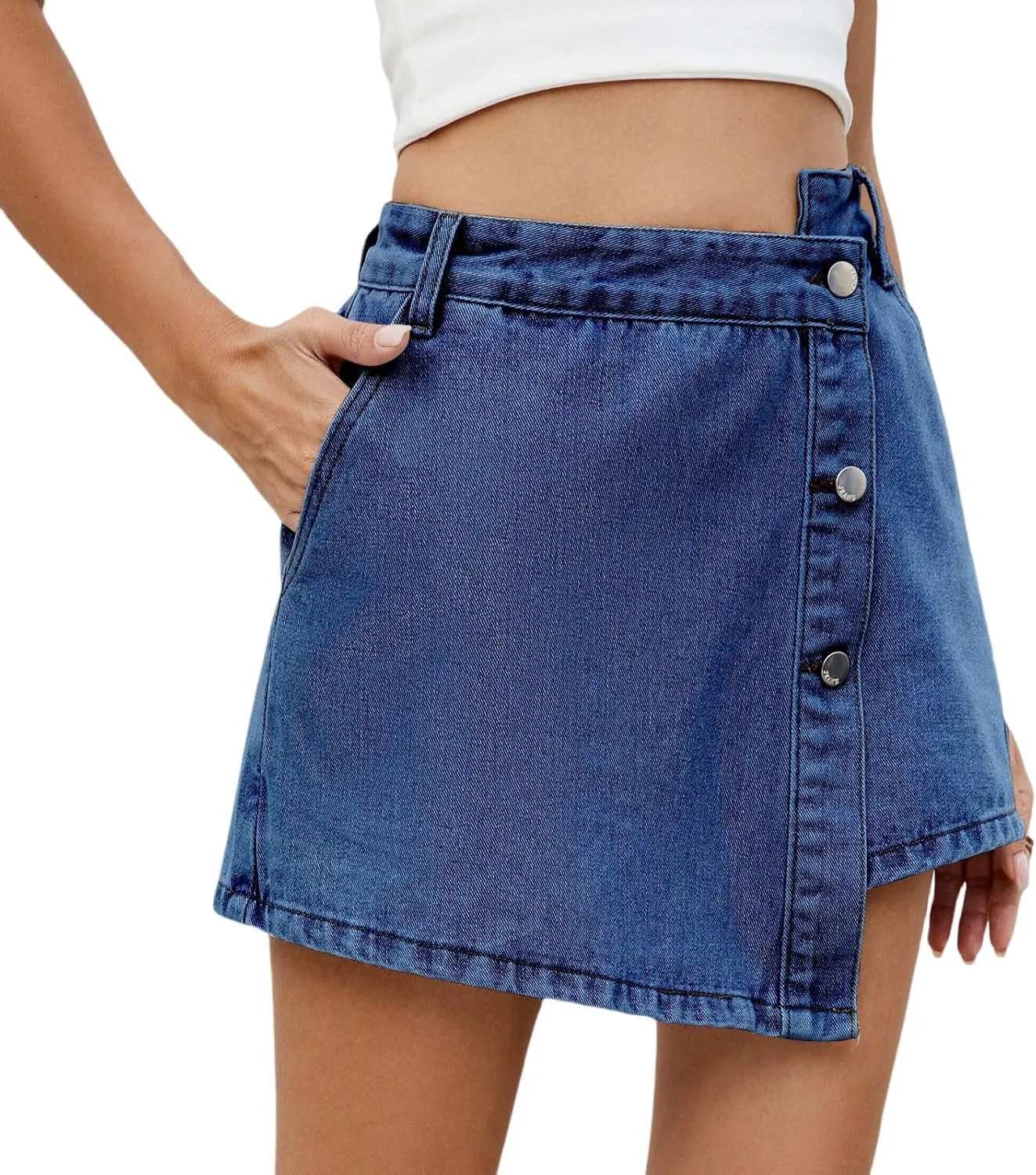 Denim Shorts Women Skort 2025 Jean Skirt Casual High Waisted Button Up Asymmetrical Skirt Mini Shorts.