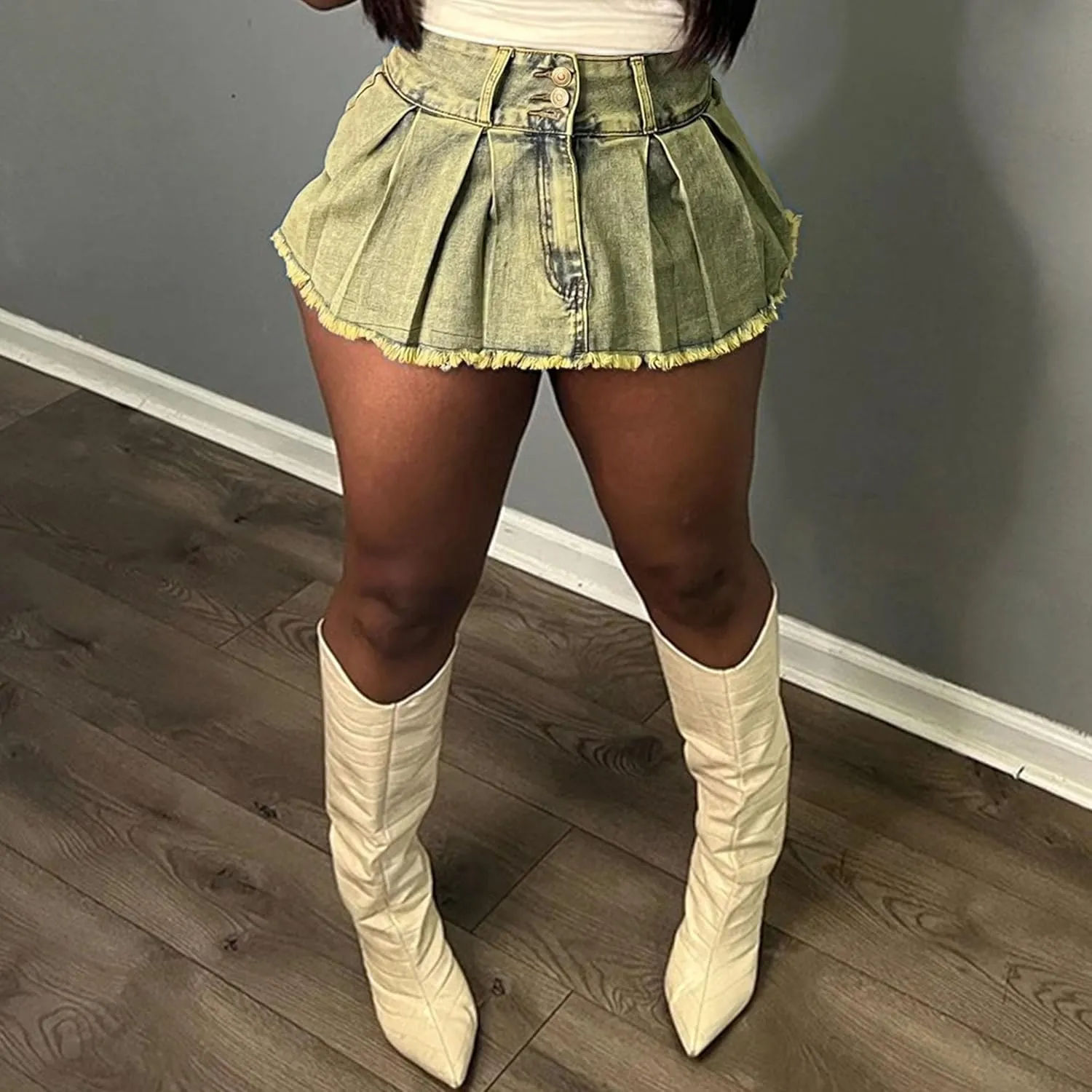 Denim Skort for Women Casual Pleated High Waisted Mini Skirts Shorts Jeans Stretchy Raw Hem Shorts