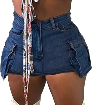 Denim Skort for Women Casual Pleated High Waisted Mini Skirts Shorts Jeans Stretchy Raw Hem Shorts