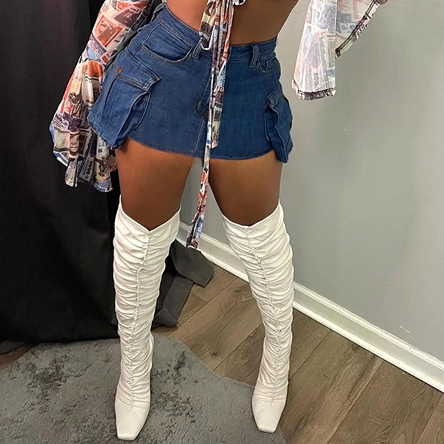 Denim Skort for Women Casual Pleated High Waisted Mini Skirts Shorts Jeans Stretchy Raw Hem Shorts