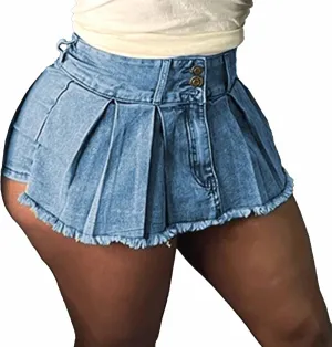 Denim Skort for Women Casual Pleated High Waisted Mini Skirts Shorts Jeans Stretchy Raw Hem Shorts