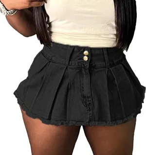 Denim Skort for Women Casual Pleated High Waisted Mini Skirts Shorts Jeans Stretchy Raw Hem Shorts