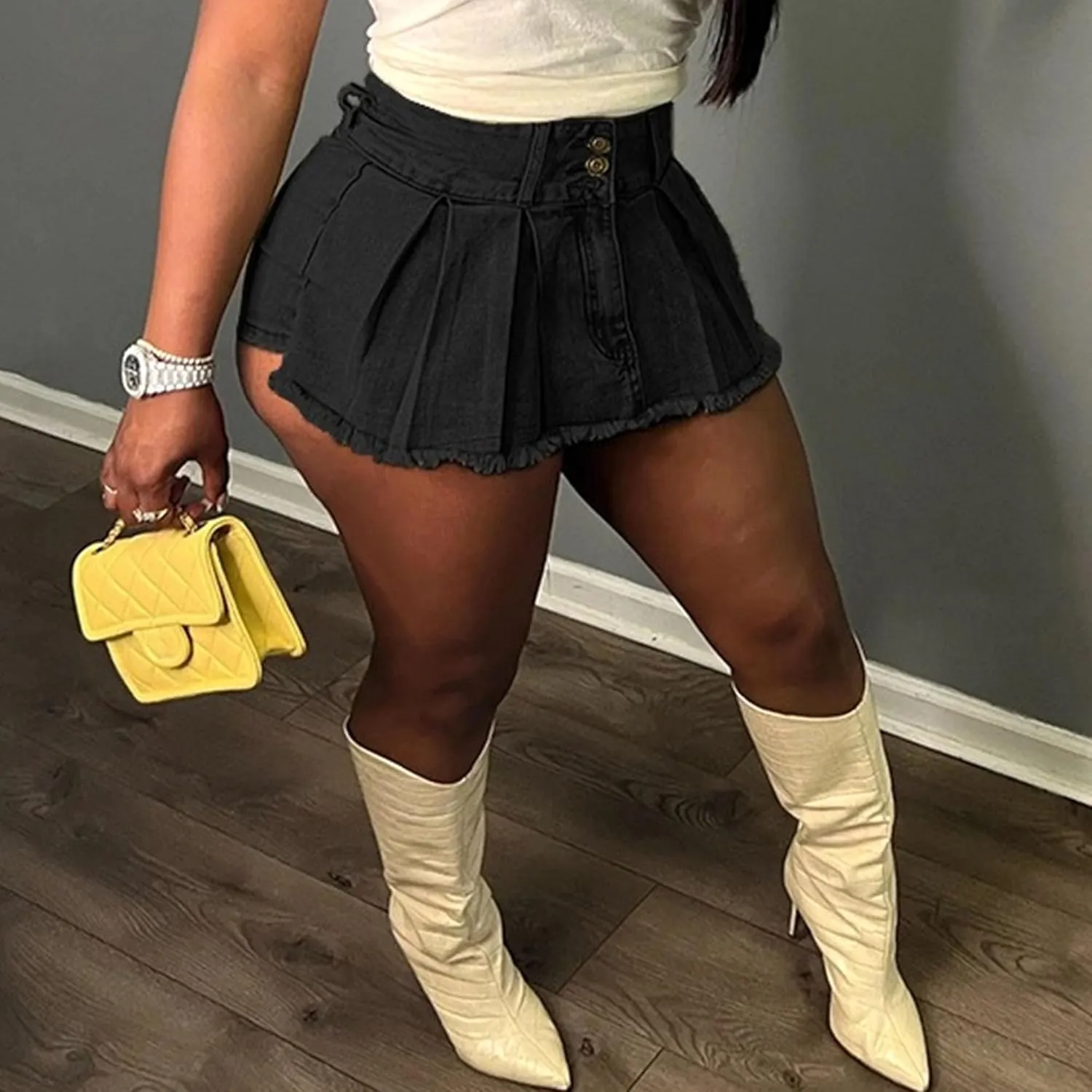 Denim Skort for Women Casual Pleated High Waisted Mini Skirts Shorts Jeans Stretchy Raw Hem Shorts