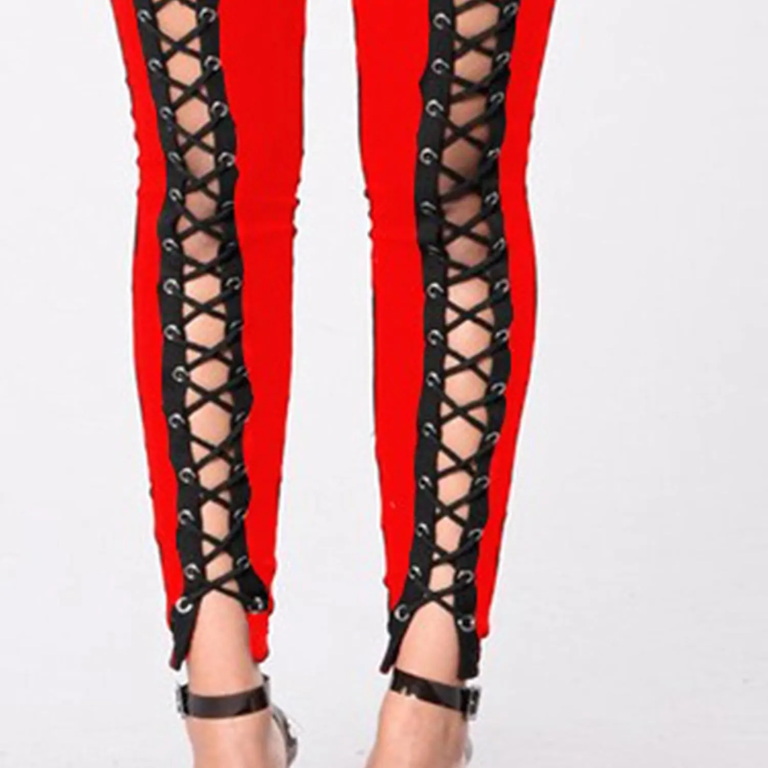 DGHM-JLMY Womens Slim Lace Up Leggings High Waist Bandage Front Lacing Pants Hollow Out Stretch Skinny Narrow Trousers