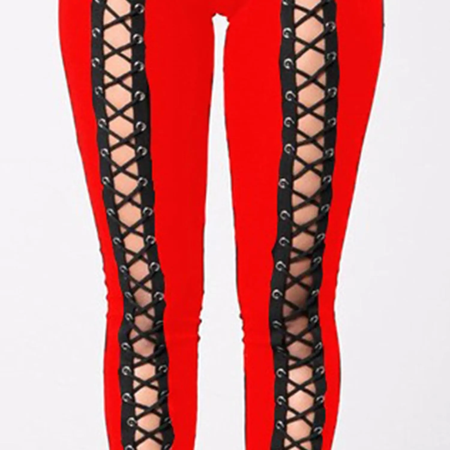 DGHM-JLMY Womens Slim Lace Up Leggings High Waist Bandage Front Lacing Pants Hollow Out Stretch Skinny Narrow Trousers