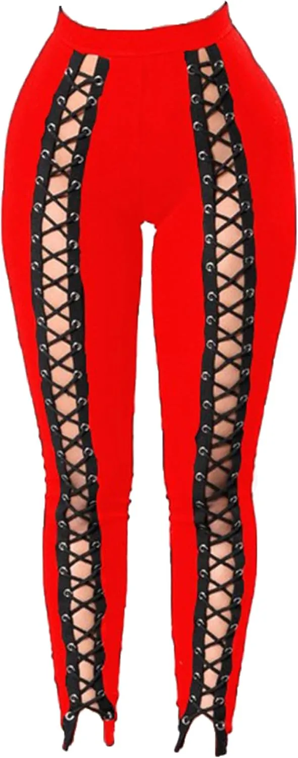DGHM-JLMY Womens Slim Lace Up Leggings High Waist Bandage Front Lacing Pants Hollow Out Stretch Skinny Narrow Trousers