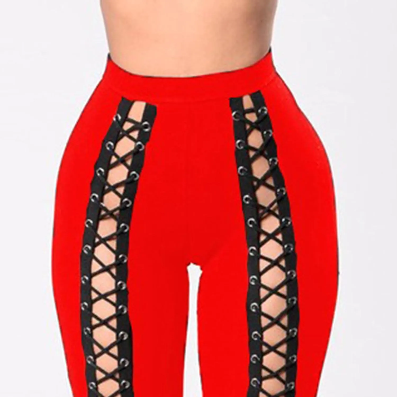 DGHM-JLMY Womens Slim Lace Up Leggings High Waist Bandage Front Lacing Pants Hollow Out Stretch Skinny Narrow Trousers