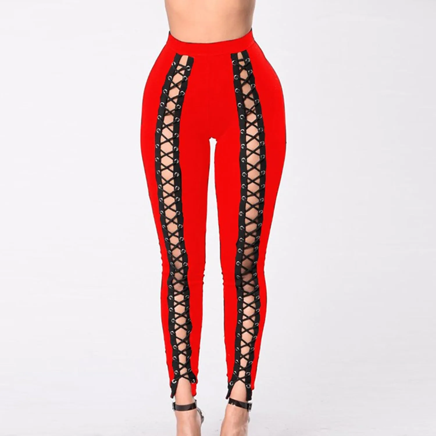 DGHM-JLMY Womens Slim Lace Up Leggings High Waist Bandage Front Lacing Pants Hollow Out Stretch Skinny Narrow Trousers