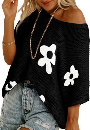 Dokotoo Womens Floral Fashion Summer Tops 2025 Short Sleeve Crochet Sweaters Swimsuit Cover Ups Lightweight Knit Pullover