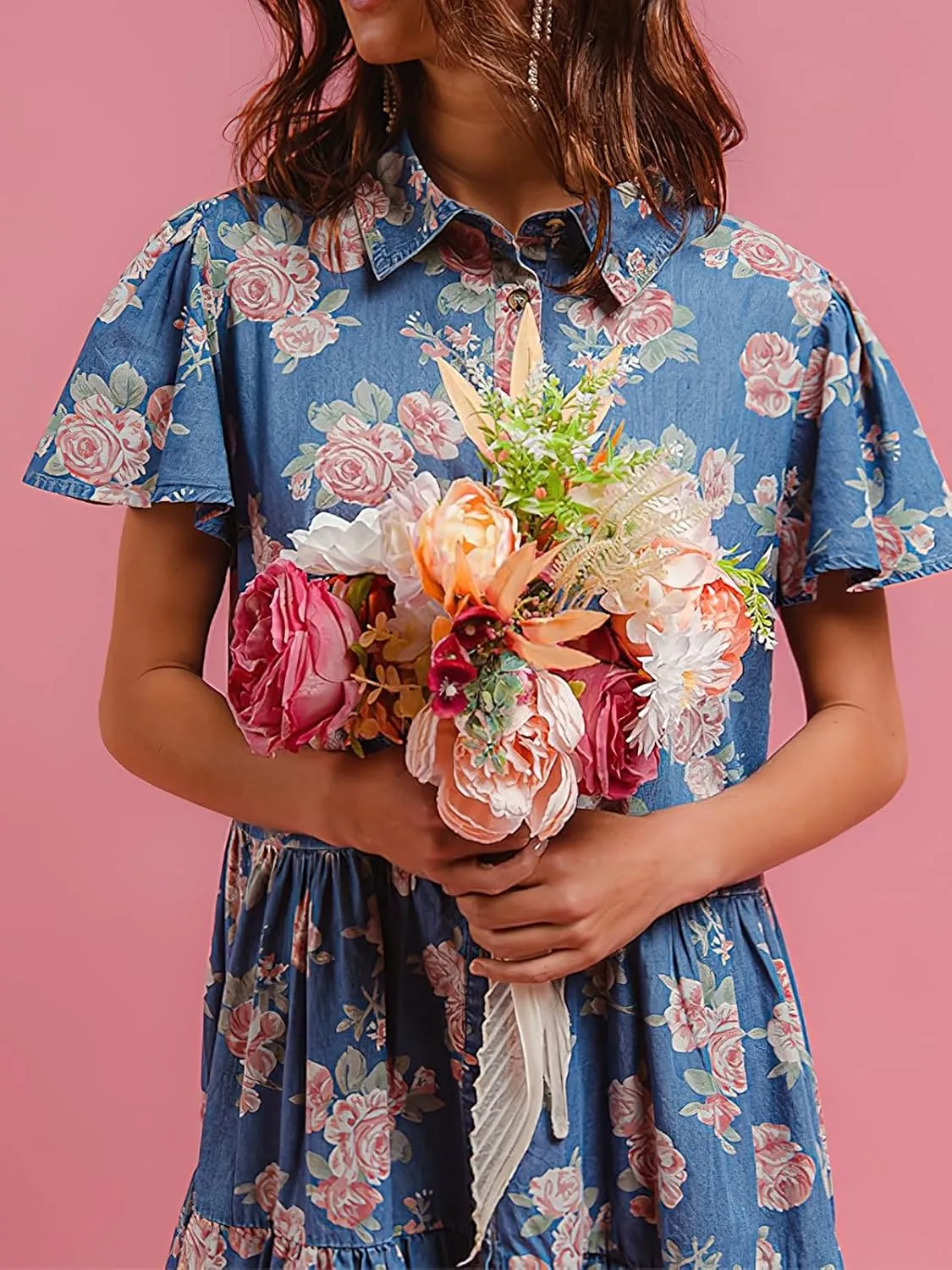 ebossy Women's Sweet Floral Denim Dress Button Up Ruffle Short Sleeve Flowy A Line Tiered Mini Shirt Dress