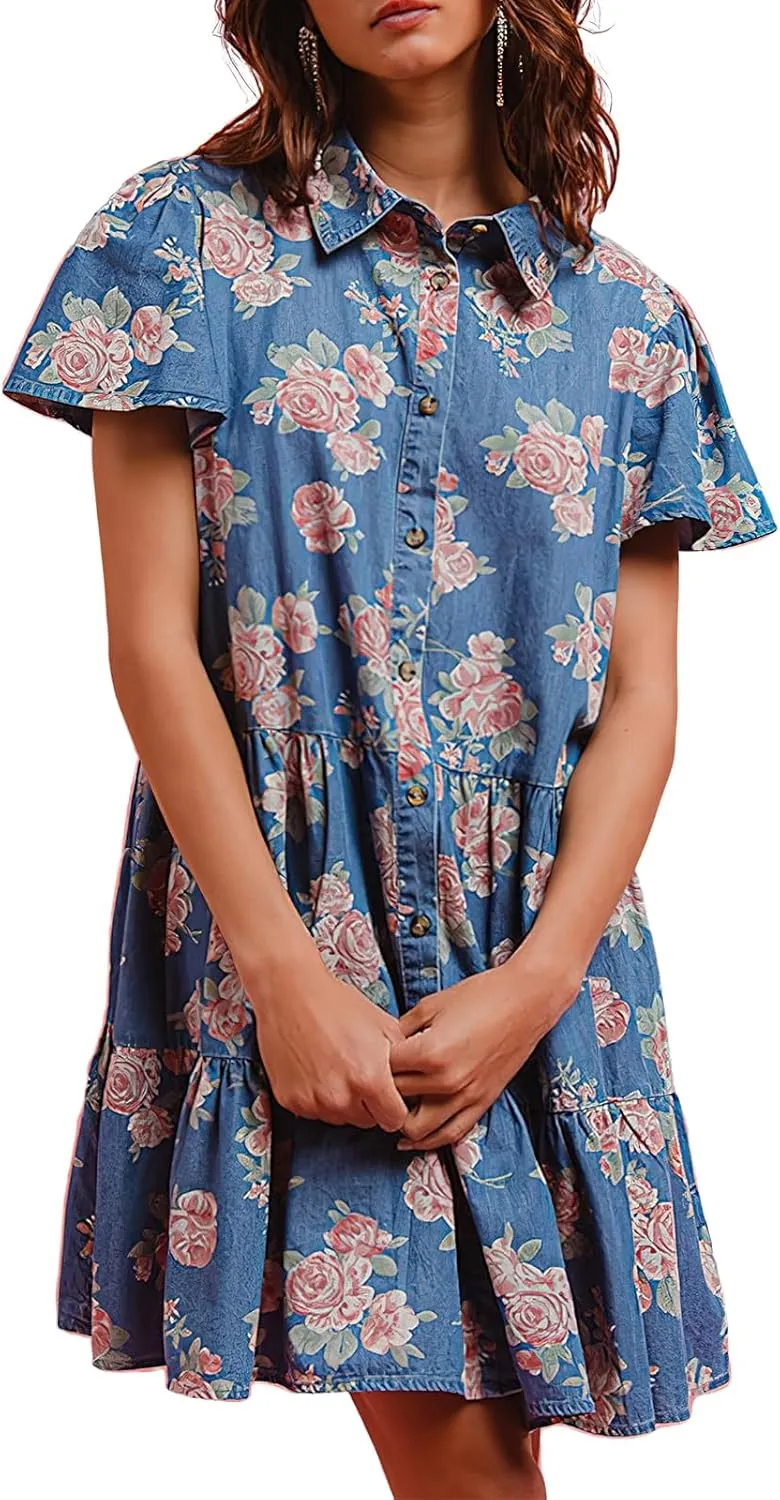 ebossy Women's Sweet Floral Denim Dress Button Up Ruffle Short Sleeve Flowy A Line Tiered Mini Shirt Dress